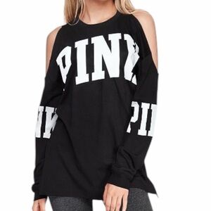 Victoria's Secret PINK Black Cold Shoulder Long Sleeve Campus Tee Shirt Small